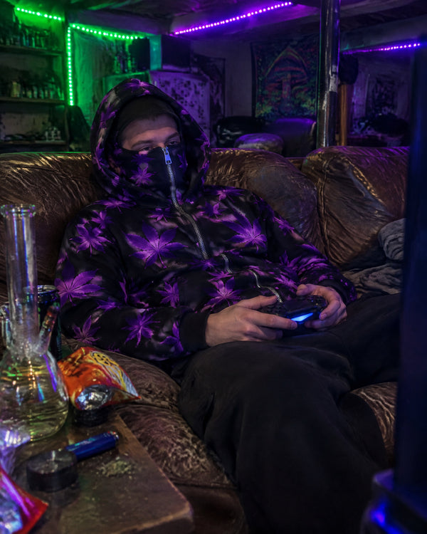 Kush Cloak hoodie purple gaming on the couch